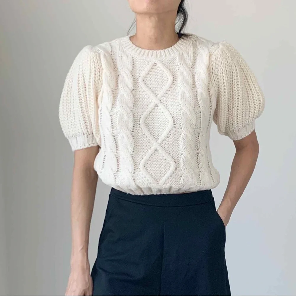 NEW CHUNKY CABLE KNIT PUFF SLEEVE SWEATER TOP - ECRU - Picture 2 of 5